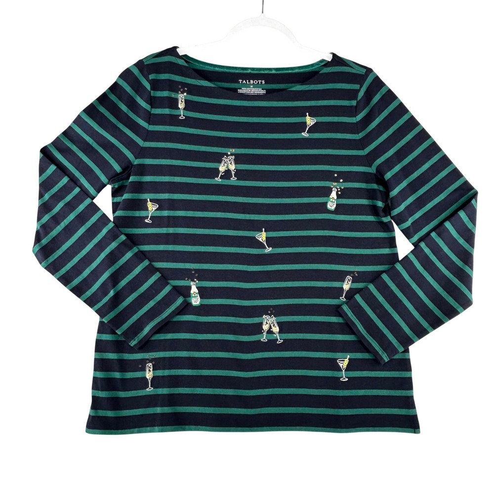 Talbots Navy‎ Green Stripe Embroidered Bateau Neck Tee Cocktail Womens Medium